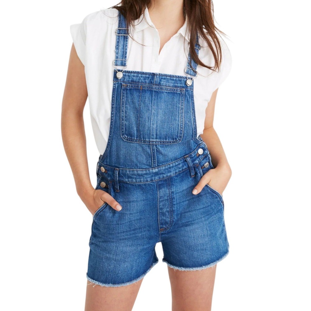 Madewell Adirondack Short Overalls Womens Medium Blue Medium Wash Raw Hem Denim - Picture 2 of 12